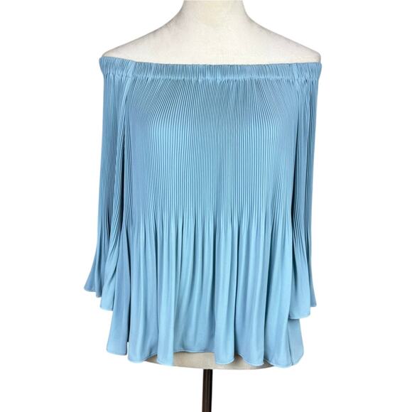 Vince Camuto Light Blue Accordion Pleated Off the Shoulder Bell Sleeve Blouse - Picture 2 of 12